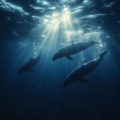 Fototapeta premium Whales Swimming in Sunlight Undersea World