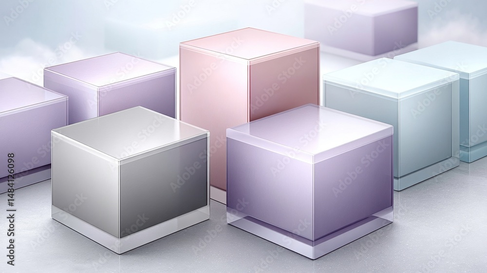 Poster abstract 3d rendering: minimalist product display platforms in pastel colors. geometric cubes.