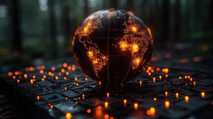 Illuminated globe on a dark tech platform