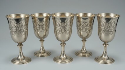 Set of Five Elegant Silver Goblets with Intricate Designs on a Neutral Background