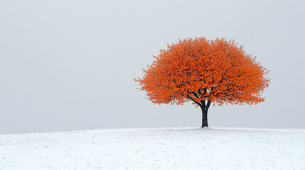 A lone orange tree standing on a snowy white slope, creating a striking contrast between the vibrant orange of the tree and the pure white snow. The scene evokes a sense of solitude and resilience in 