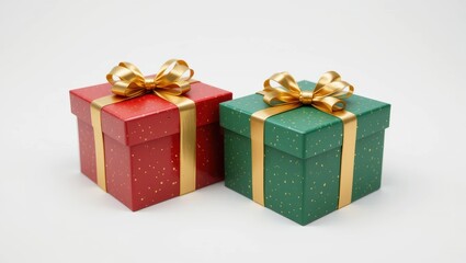 Obraz premium Two Elegant Gift Boxes Wrapped in Colorful Paper and Gold Ribbons on a White Background