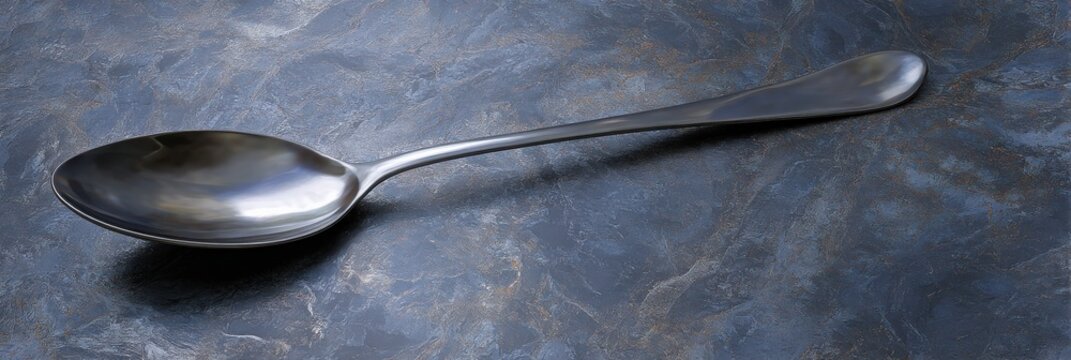 A single, gleaming tablespoon rests on a textured, dark-blue surface.  The subtle light reflects off its polished metal.