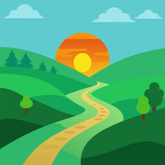 Fototapeta premium Road with fresh sky with sun vector landscape background.
