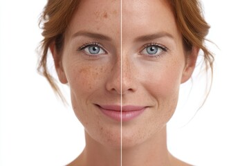 Comparison of woman's face before and after treatment showing skin improvement and clarity