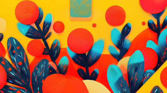 Bright colorful abstract composition with large orange spheres vibrant blue and green leaves on yellow background modern artistic decoration design - Powered by Adobe