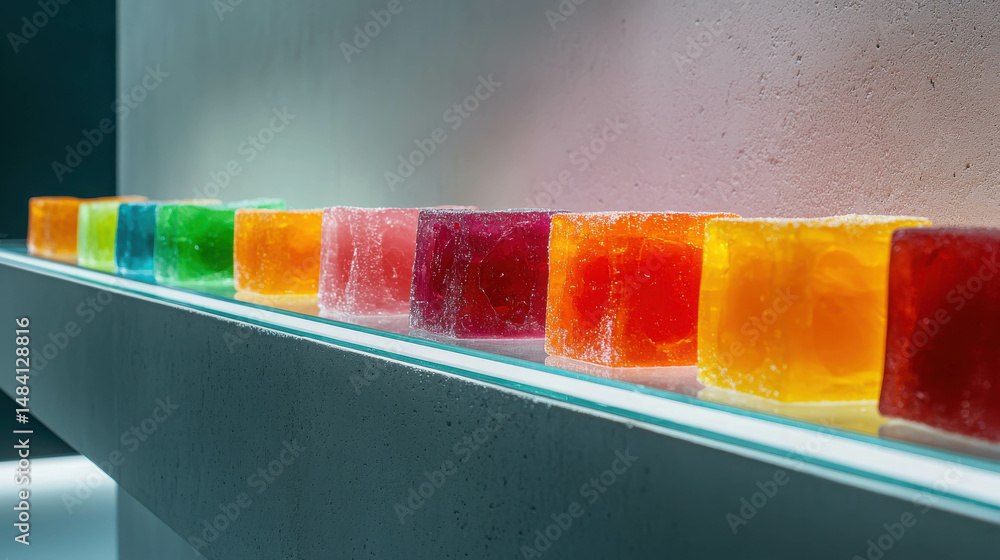 Poster colorful translucent gel cubes arranged on a minimalistic display in a modern environment