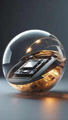 Crystal Sphere with Technology: A mesmerizing crystal sphere encases a detailed technological interior, symbolizing the intricate and interconnected world of modern science.