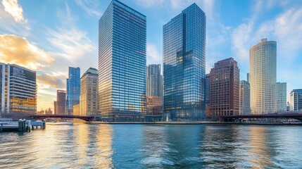 Fototapeta premium City skyline reflecting in the water at sunset. Modern skyscrapers line a river