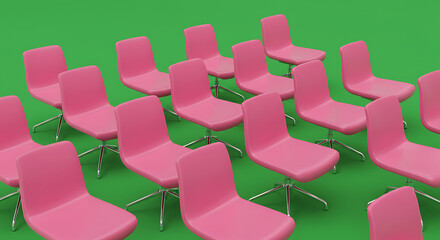 Obraz premium Pink Chairs, Green Background, Row Pattern, Modern Office Furniture