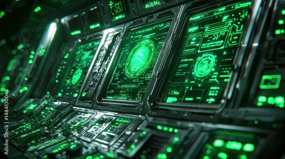 Poster futuristic technology interface: green glowing control panel data visualization