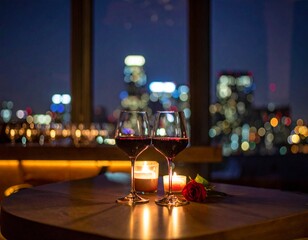 美しい夜景とワイン　赤いバラで演出する特別な時間
