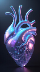Obraz premium Glass Heart: A mesmerizing iridescent glass heart, seemingly sculpted from light and shadow, pulses with an ethereal glow, inviting contemplation of life’s inner workings.