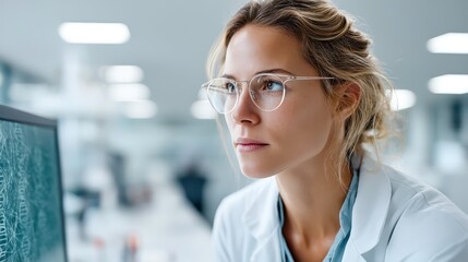 Fototapeta premium Female Scientist analyzing DNA. Medical Research and Biotechnology Concept. Healthcare professional.