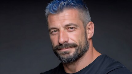 Obraz premium Confident Man with Blue Hair, and Studio Portrait.