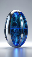 Futuristic Egg: A sleek, metallic egg-shaped device with glowing blue circuit boards inside. The design is modern and innovative, hinting at advanced technology and futuristic concepts.