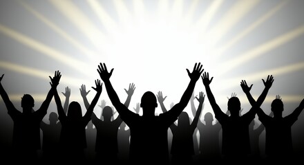 Fototapeta premium Crowd Silhouettes Raising Arms Towards Light Empowerment and Inspiration