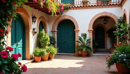 Naklejka premium Andalusian patio with vibrant flowers, ornate details, shadow, door