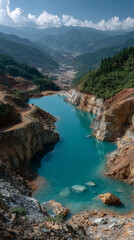 An open-pit gold mine in China, surrounded by scenic mountains. The image captures the industrial impact on the natural landscape, showcasing the extraction of natural resources while highlighting the