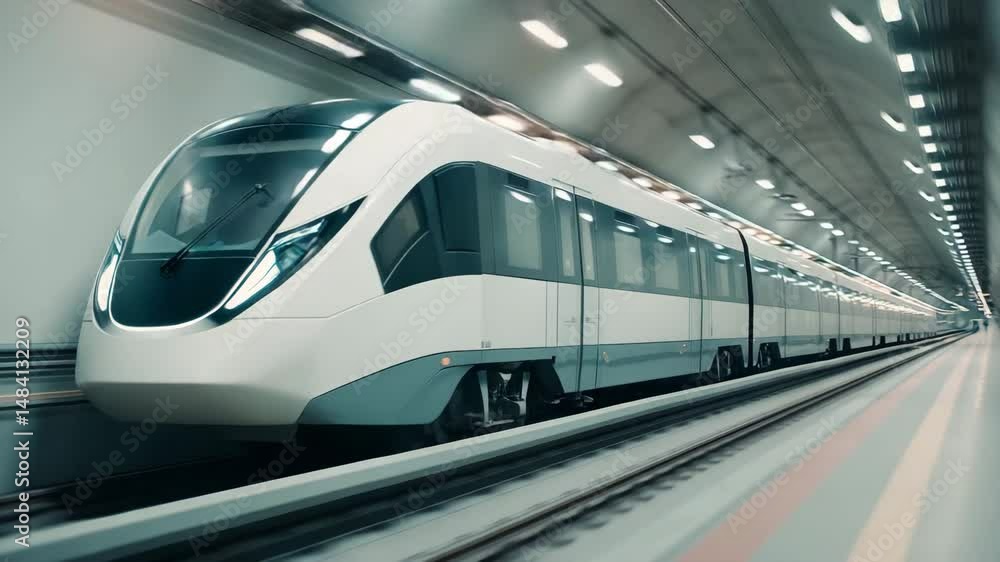 Aufkleber modern white train fast moving through tunnel with smooth platform and efficient transportation