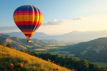 Naklejka premium Colorful hot air balloon floats over scenic landscape, sky, clouds, air