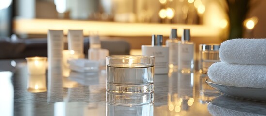 Obraz premium Spa setting with candles, toiletries, and towels.