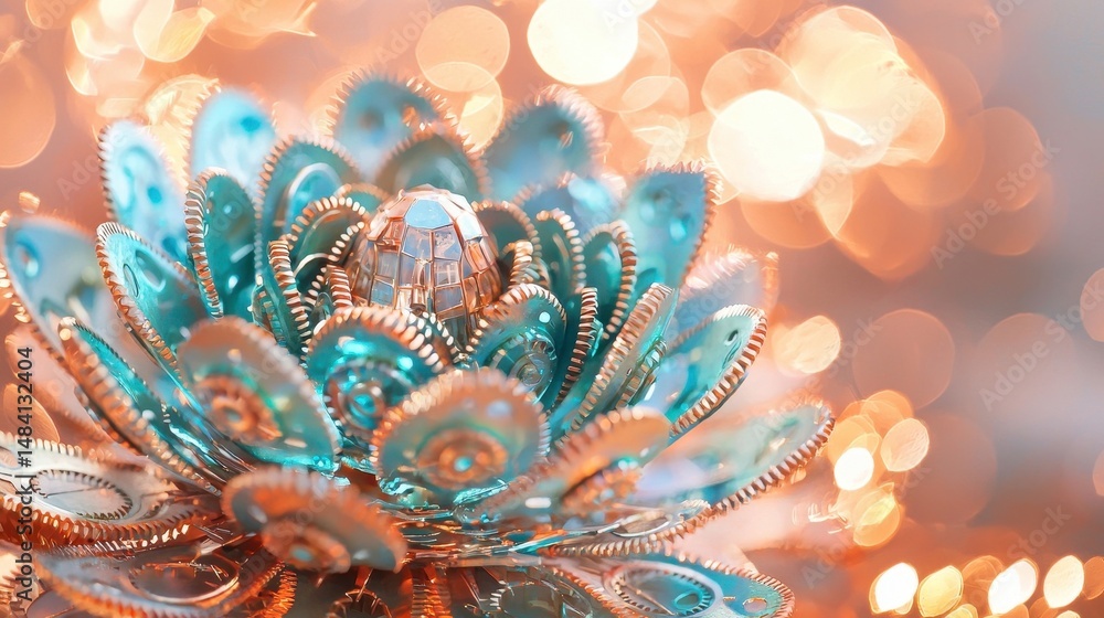 Poster mechanical flower abstract art: tech bloom with bokeh background