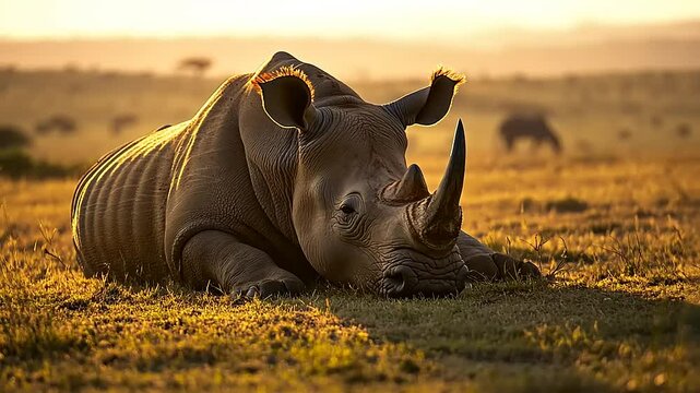 Majestic rhinoceros resting in golden grasslands during sunset, with distant wildlife roaming peacefully
