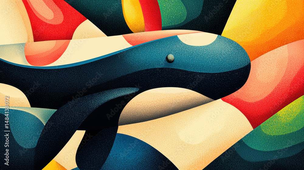 Poster abstract colorful geometric shapes intertwined with a smooth black serpent-like structure creating a