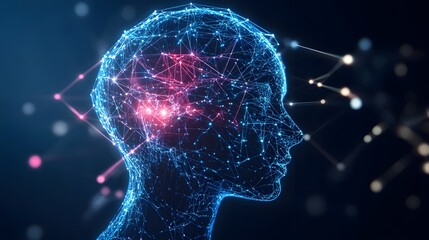 Abstract digital illustration of a human head, focused on neural network.