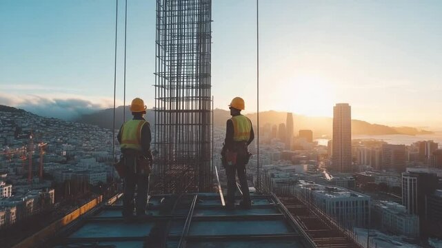 Construction Workers Observing a Modern Cityscape: Two construction workers stand on the edge of a high-rise building under construction, gazing out at a sprawling urban cityscape.