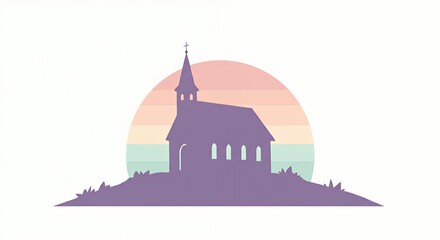 Naklejka premium Silhouette of Church Building Against Sunset Sky with Pastel Colors