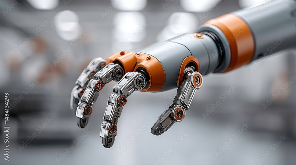 Poster robotic arm, artificial intelligence, automation. closeup of a mechanical hand in a factory setting,