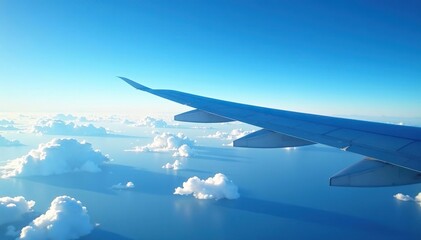 Fototapeta premium Airplane wing against blue sky, clouds visible, cloudscape, view