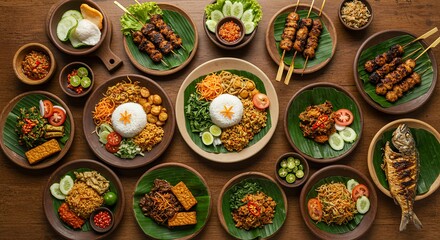 Top-Down View of Indonesian Bali Cuisine on Wooden Table