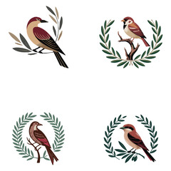 Obraz premium Elegant Bird Illustrations with Laurel Wreaths – Vintage Vector Set of Songbirds on Branches