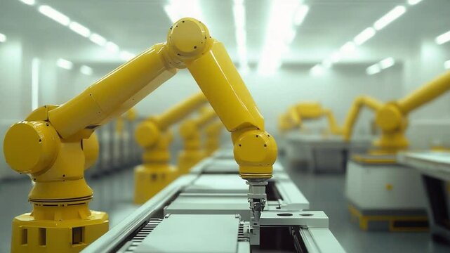 Robotics Assembly Line: A modern manufacturing scene showcases a series of robotic arms meticulously assembling products along a production line.