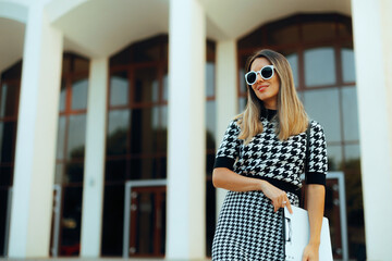 Businesswoman in Elegant Formal Wear Holing a Clipboard. Office worker wearing sunglasses in front of office building 
