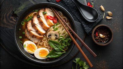 Delicious Chicken Ramen Bowl with Egg and Vegetables on Black Background