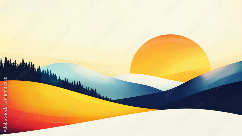 Poster abstract landscape with vibrant sun setting behind rolling hills and distant mountains featu layered