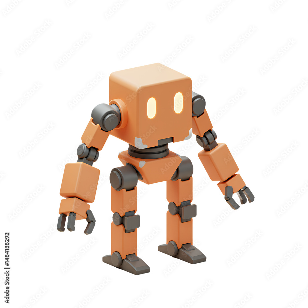 Poster adorable orange cuboid robot 3d render: a cute and friendly robotic character design