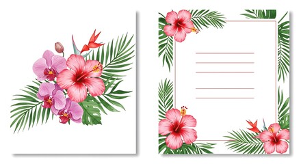 Obraz premium Watercolor Tropical Blooms: Elegant Floral Stationery Design with Hibiscus and Orchid
