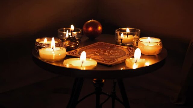 camera circles a seance table with an ouija board, candles, and mystical objects; shadows dance on walls, flickering candlelight creates an eerie and mysterious atmosphere. occult ritual concept