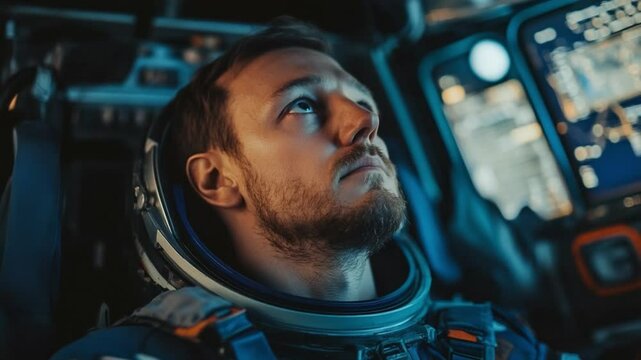 Astronaut's Gaze: A seasoned astronaut, clad in a space suit, gazes upward, deep in thought amidst the futuristic interior of a spacecraft, ready to commence a mission