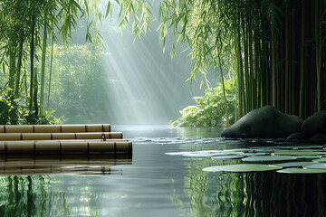 Serene bamboo forest with sunlight filtering through leaves, reflecting on calm water, creating a peaceful natural landscape