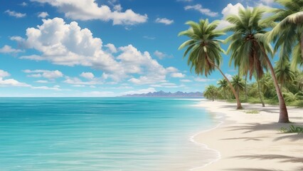 "Crystal Clear Tropical Beach with Palm Trees and Azure Ocean"