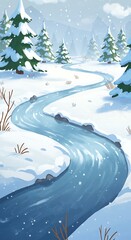 Winter's Embrace: Serene Stream Through Snowy Pines AI Generated