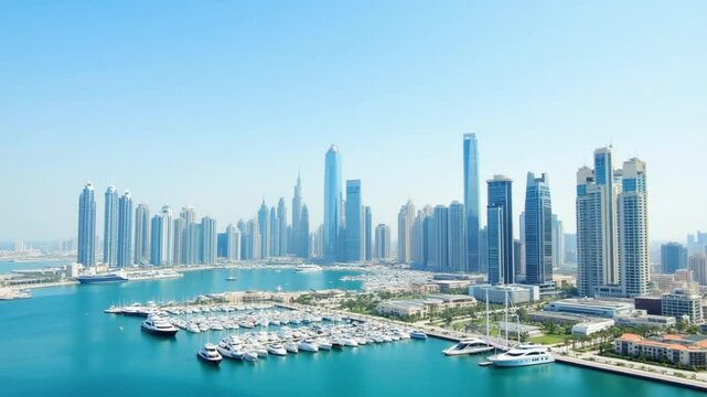 Panoramic view of Dubai Marina with skyscrapers and yachts, A panoramic view of Dubai Marina, featuring the stunning skyline of skyscrapers alongside the calm waters of the marina.