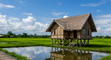 Obraz premium Tranquil Rice Paddy Dwelling Traditional Thatched House in Rural Setting