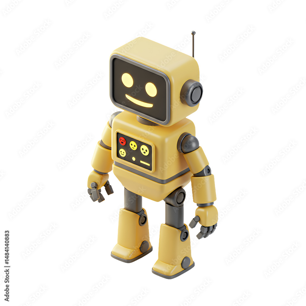 Poster adorable 3d render of a yellow retro robot with a happy face displaying positive emotions